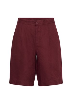 Pantalones cortos burdeos de tiro alto hasta la rodilla con cierre frontal de botón y cremallera, hechos de tela texturizada.