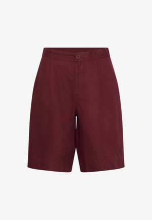 Shorts bordeaux a vita alta, lunghezza al ginocchio, con chiusura frontale con bottone e cerniera, realizzati in tessuto strutturato.