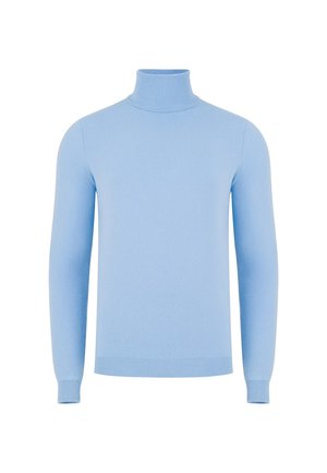 Jasnoniebieski golf z miękkiej dzianiny, z długimi rękawami i dopasowanym krojem, ze ściągaczami na mankietach i u dołu.