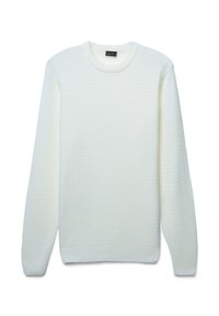 Maglione bianco lavorato a maglia con un motivo testurizzato, scollatura rotonda e maniche lunghe. Tessuto morbido e polsini a costine all'orlo e alle maniche.