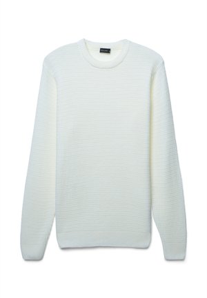 Maglione bianco lavorato a maglia con un motivo testurizzato, scollatura rotonda e maniche lunghe. Tessuto morbido e polsini a costine all'orlo e alle maniche.