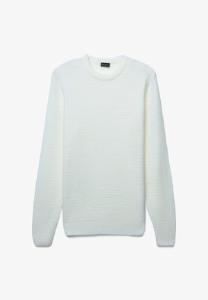 Maglione bianco lavorato a maglia con un motivo testurizzato, scollatura rotonda e maniche lunghe. Tessuto morbido e polsini a costine all'orlo e alle maniche.
