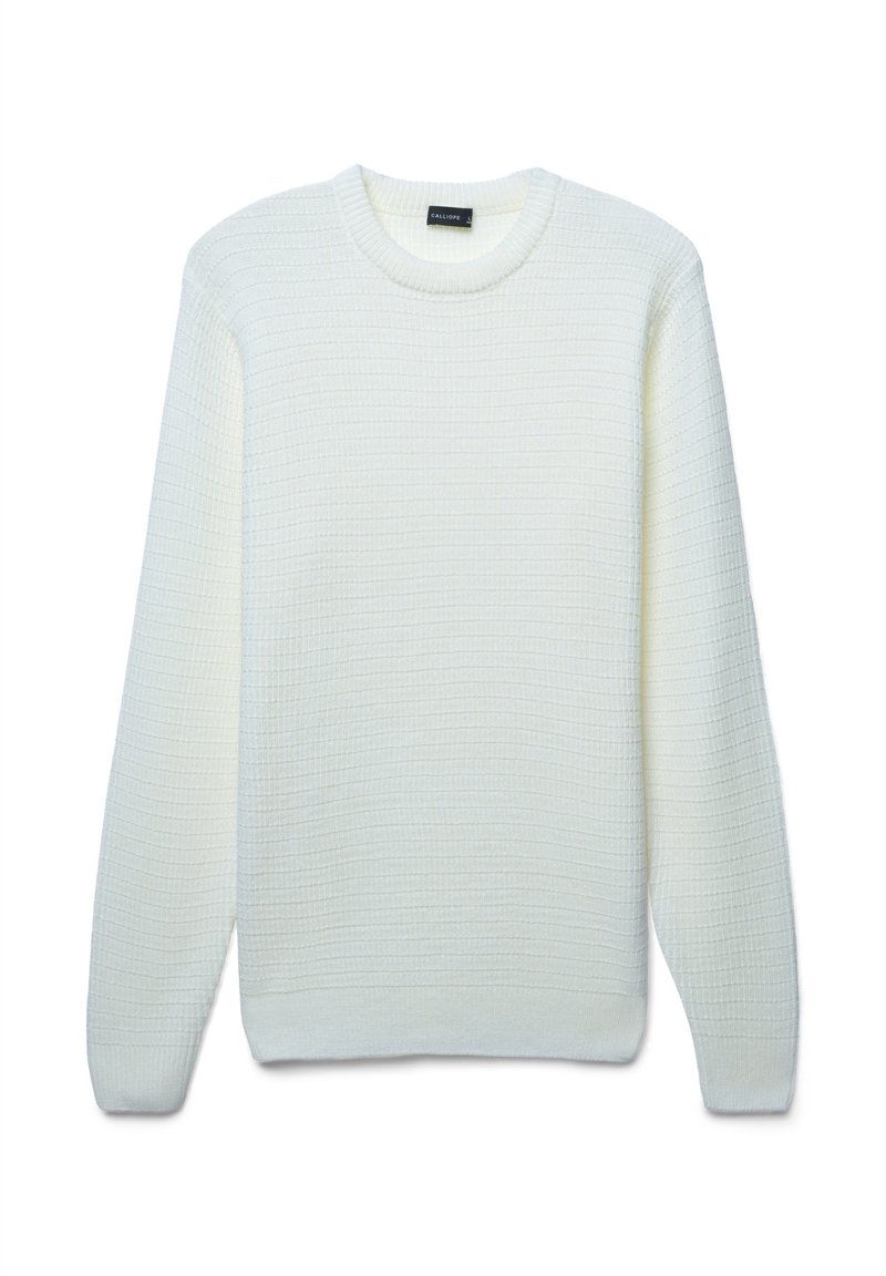 Maglione bianco lavorato a maglia con un motivo testurizzato, scollatura rotonda e maniche lunghe. Tessuto morbido e polsini a costine all'orlo e alle maniche.