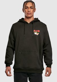 Felpa nera realizzata in tessuto morbido, con tasca a marsupio e cappuccio con coulisse. Design ricamato con grafiche di cibo sul petto.