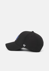 Black baseball cap with a curved brim, featuring a blue embroidered design and white text on the side, made of fabric with a smooth texture.