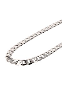 Sølv metal kædehalssmykke med sammenkoblede, afrundede led. Høj-polish finish giver en reflekterende overflade. Mål cirka 2 cm i bredde.