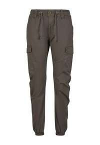 Cargo nohavice v olivovej zelenej farbe, vyrobené z odolnej zmesi bavlny, s elastickými manžetami, pásom so šnúrkou a viacerými bočnými vreckami.