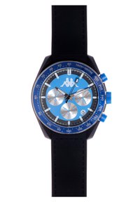Reloj cronógrafo con correa de silicona negra, esfera redonda azul, subesferas plateadas y acentos azules en el bisel y los pulsadores.