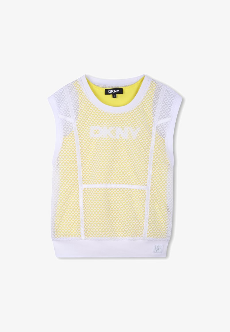 Haut jaune sans manches superposé d'un gilet en mesh blanc avec le logo DKNY sur la poitrine et un ourlet côtelé.