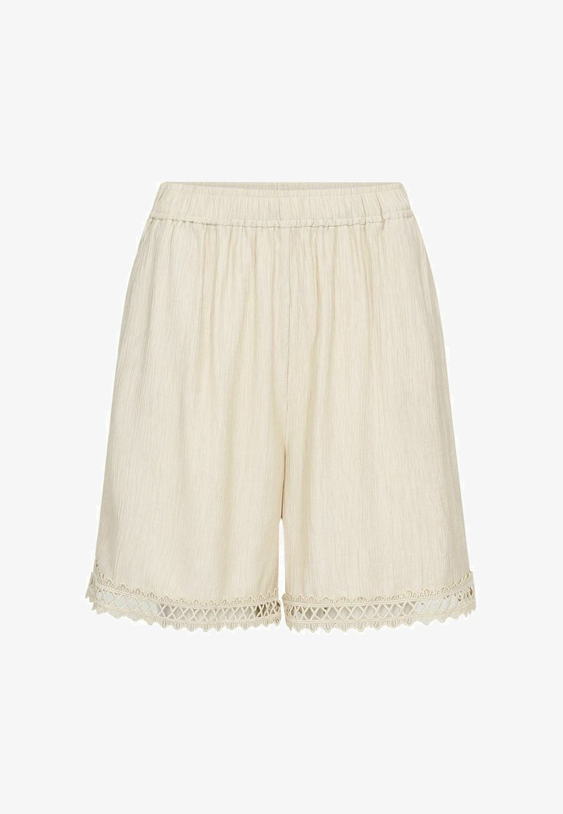Shorts pour femmes couleur crème avec taille élastique et bordure en dentelle festonnée le long de l'ourlet, fabriqués en tissu texturé léger.