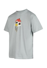 Helles graues Baumwoll-T-Shirt mit kurzen Ärmeln, das ein farbenfrohes Grafikdesign eines Hauses mit verspielten Elementen auf der Vorderseite zeigt.