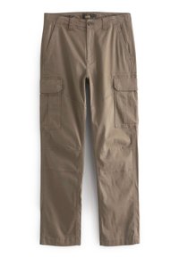 Pantaloni cargo in khaki, realizzati in tessuto resistente. Presentano più tasche, un design a gamba dritta e cuciture rinforzate per una maggiore robustezza.
