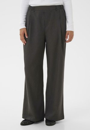 Wide-leg trousers in dark gray with subtle pinstripes. Crafted from a soft fabric, featuring an elastic waistband for comfort.