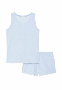 Conjunto de top sin mangas y pantalones cortos de color azul claro, con finas rayas blancas y pequeños patrones de corazones rosas. Tejido suave con una cinturilla elástica.