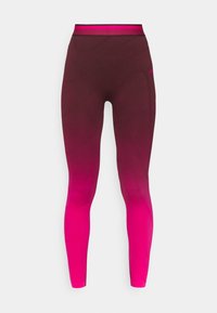 Legginsy o wysokim stanie bezszwowe w gradientowym kolorze różowo-ciemnofioletowym z paskiem w paski, zaprojektowane do odzieży sportowej.