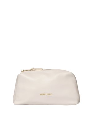 Pochette morbida beige Marc Ellis con zip dorato e scritta del logo dorata al centro sul davanti.