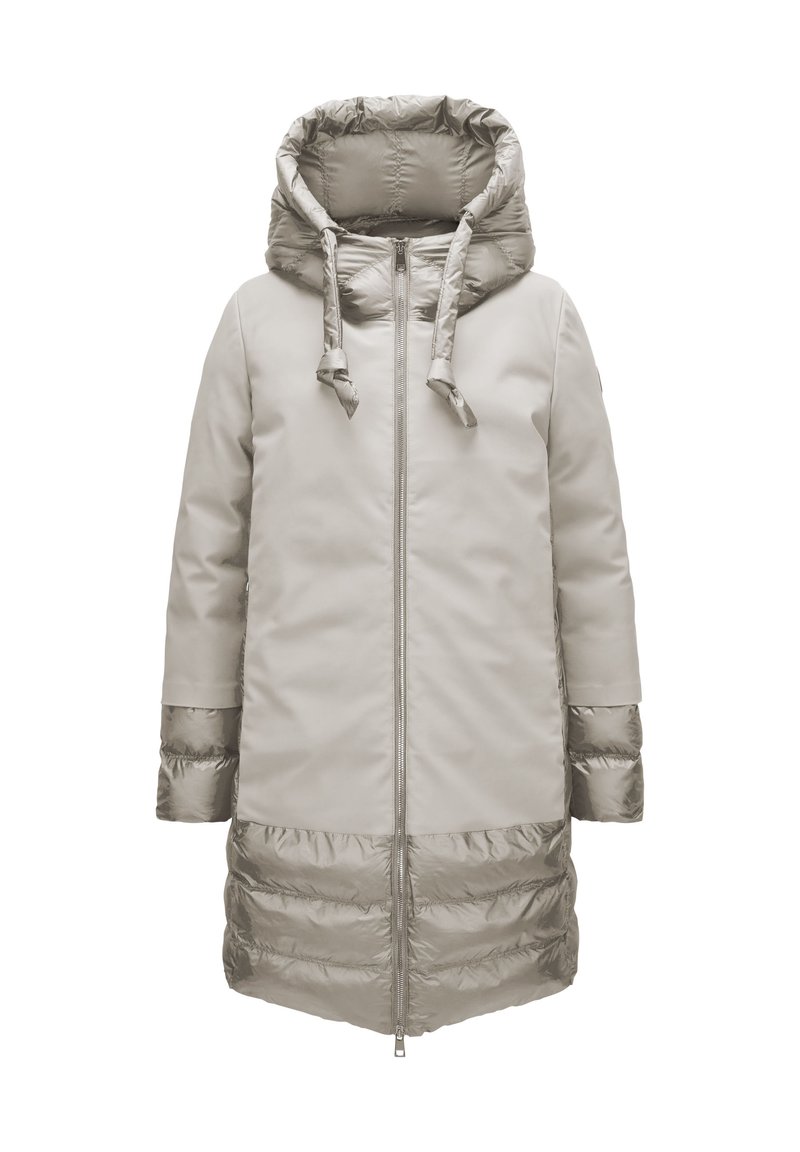 Hellbeige, knielanger Mantel mit gepolsterter Kapuze, glattem Stoff, Reißverschluss auf der Vorderseite und elastischen Bündchen, mit einem leicht strukturierten unteren Bereich.