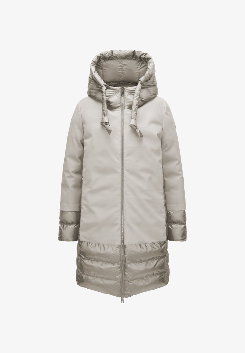 Hellbeige, knielanger Mantel mit gepolsterter Kapuze, glattem Stoff, Reißverschluss auf der Vorderseite und elastischen Bündchen, mit einem leicht strukturierten unteren Bereich.