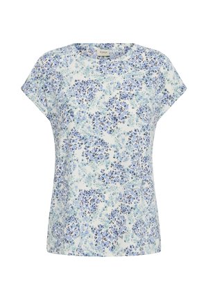 Blouse à manches courtes avec col rond et motif floral bleu clair et blanc sur fond blanc.