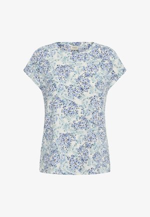 Kurzärmelige Bluse mit rundem Ausschnitt und hellblau-weißem Blumenmuster auf weißem Hintergrund.