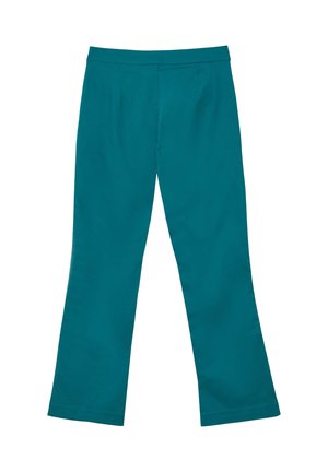 Pantaloni svasati turchese con una texture liscia, caratterizzati da una cintura, due pieghe frontali e una silhouette pulita senza tasche o accessori visibili.