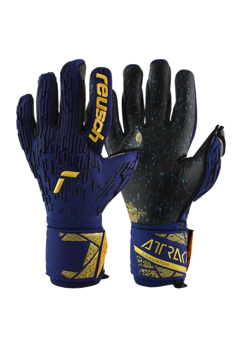 Goalkeeper gloves with a blue and black design, featuring textured grip elements, reinforced wrist straps, and yellow accents.