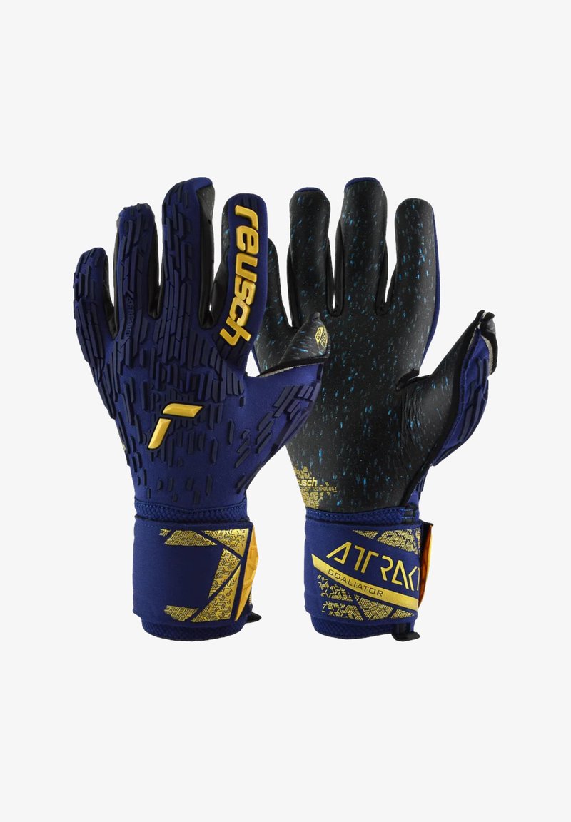 Doelmannenhandschoenen met een blauw en zwart ontwerp, voorzien van textuur grip elementen, versterkte polsbanden en gele accenten.