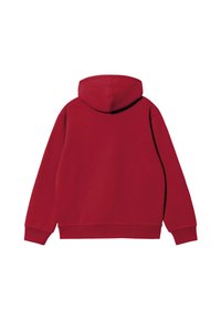 Sudadera roja con manga larga y puños de canalé, vista desde la parte de atrás sobre un fondo blanco, sin logotipos ni diseños visibles.