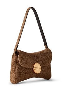 Brown textured handbag with a gold circular clasp, featuring a single black shoulder strap and a flap closure. Stylish and compact design.