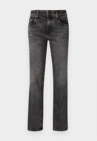 Zwarte denim jeans met een rechte pijp ontwerp, voorzien van voorzakken, een ritsopening en subtiele vervaging in de stoftextuur.