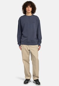 Felpa blu navy con scollatura a girocollo e polsini a costine, abbinata a pantaloni beige e sneakers nere. Fit slim e design casually.
