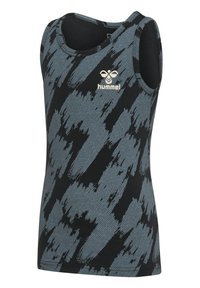 Sort tanktop med blåt abstrakt penselstrøgsmønster, med rund halsudskæring og et lille "hummel"-logo i guld på brystet.