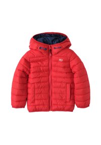 Giacca puffer rossa con cappuccio, dotata di zip anteriore, interno blu, due tasche frontali e texture trapuntata orizzontale.