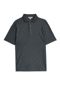 Ciemnoszary polo z subtelnym wzorem w zygzak, krótki rękaw, zapięcie na trzy guziki oraz klasyczny kołnierzyk. Wykonany z gładkiego materiału.