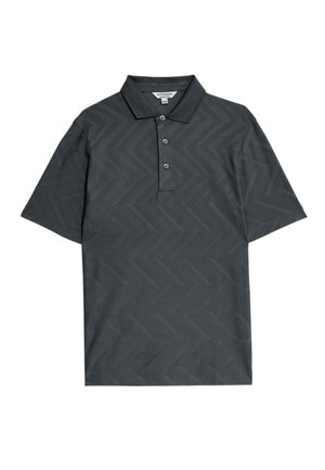 Donkergrijze polo met een subtiele zigzagpatroon, korte mouwen, een knoopsluiting met drie knopen en een klassieke kraag. Gemaakt van een gladde stof.