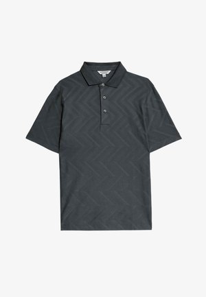 Mørkegrå polo t-shirt med et subtilt zigzag-mønster, korte ærmer, tre-knaps knaplukning og en klassisk krave. Fremstillet af et glat stof.