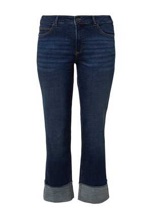 Dark blue denim jeans with a straight cut and wide cuffs in a lighter blue denim. Features five-pocket design and contrast stitching.