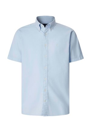Jasnoniebieska koszula na krótki rękaw z zapięciem na guziki i kołnierzykiem zapinanym na guziki oraz subtelnym haftowanym logo na lewej piersi.