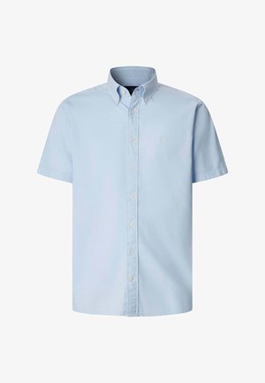 Světlomodrá košile s krátkými rukávy na knoflíky, s límečkem na knoflíky a jemně vyšívaným logem na levé straně hrudi.