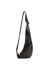 Borsa a tracolla in pelle nera con un design elegante e curvo. Presenta numerose tasche con zip e una tracolla regolabile per versatilità.