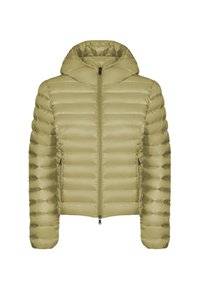 Giacca puffer trapuntata verde oliva chiaro con cappuccio, zip frontale e due tasche laterali con zip, mostrata su uno sfondo bianco.