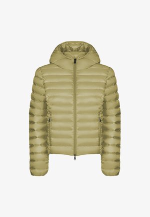 Svetlo olivovo zelená prešívaná puffer bunda s kapucňou, predným zipsom a dvoma zipsovými bočnými vreckami, zobrazená na bielom pozadí.