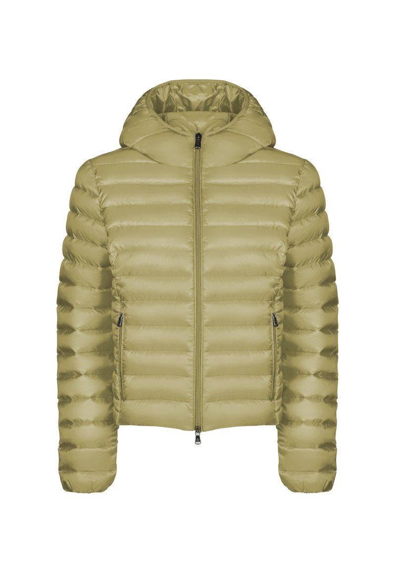 Giacca puffer trapuntata verde oliva chiaro con cappuccio, zip frontale e due tasche laterali con zip, mostrata su uno sfondo bianco.