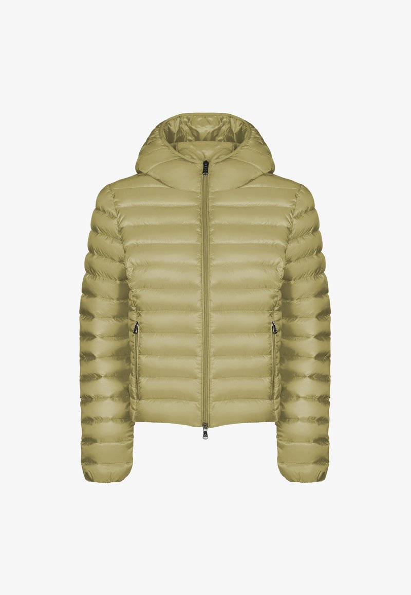 Giacca puffer trapuntata verde oliva chiaro con cappuccio, zip frontale e due tasche laterali con zip, mostrata su uno sfondo bianco.