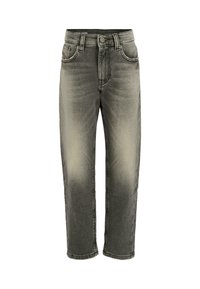 I jeans in denim grigio presentano una vestibilità affusolata, leggeri segni di usura e cuciture in contrasto. Inclusi cinque tasche e una cintura con chiusura a bottone.