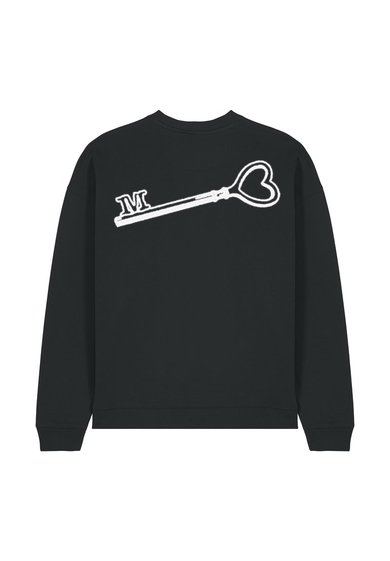 Felpa nera con polsini a coste, caratterizzata da una grafica bianca di una chiave con manico a forma di cuore e la lettera "M" sul retro.