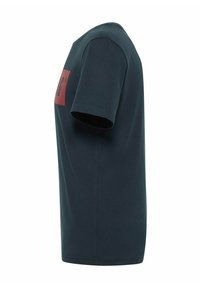 Dark blue cotton t-shirt with short sleeves, featuring a rectangular red logo on the front. Smooth texture, standard fit, crew neckline.