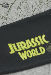 Un tissu noir présente le grand texte jaune "JURASSIC WORLD" avec une police en contours. L'arrière-plan gris affiche un motif subtil en gris-vert.