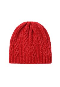 Red knitted beanie hat with a textured cable pattern, featuring a ribbed cuff at the base and a rounded top design.