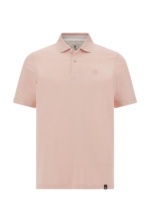 Polo tričko v jemne ružovej farbe, krátke rukávy, golier s dvoma gombíkmi, s malým logom na hrudi a etiketou na leme.